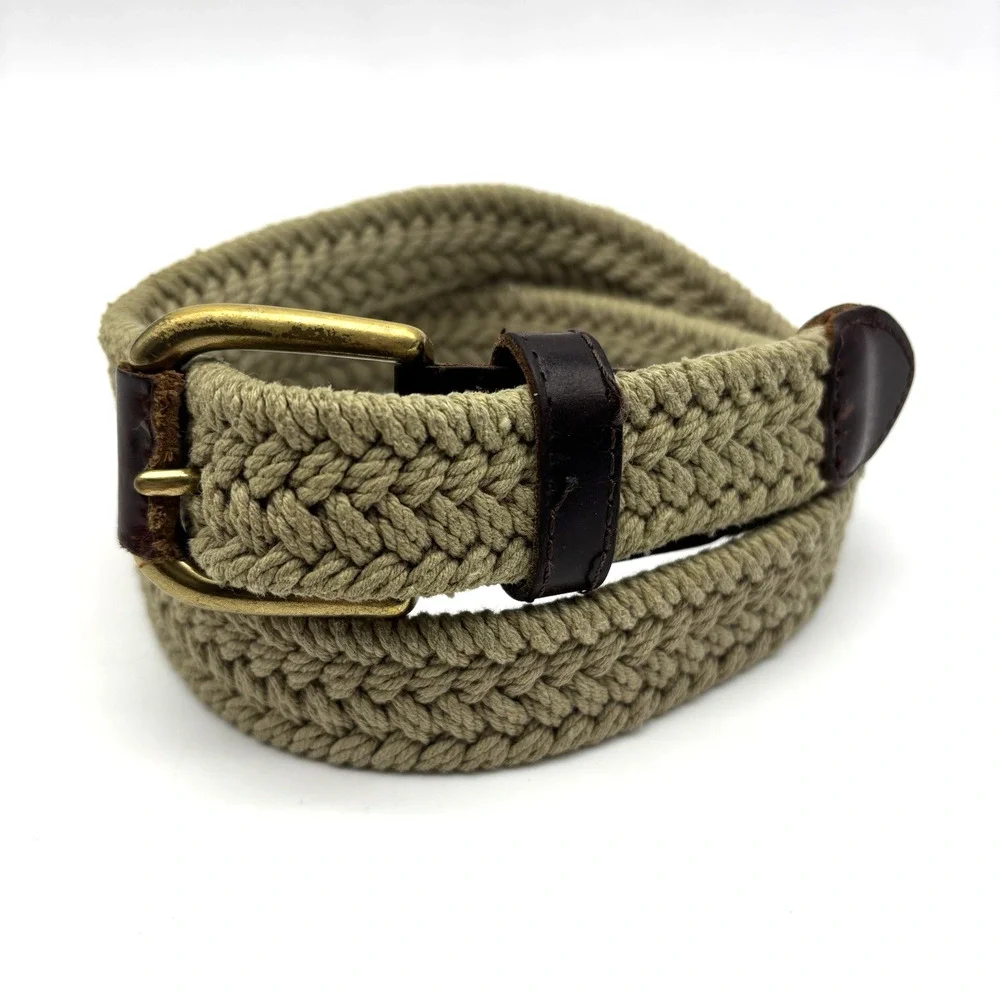 Vintage 90s Dockers 2593 Beige Woven Cotton Brown Leather Brass Buckle Belt 32